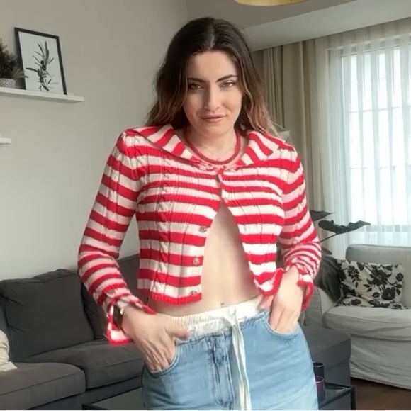 Zara Striped Cable Knit Cardigan Large - Picture 5 of 10